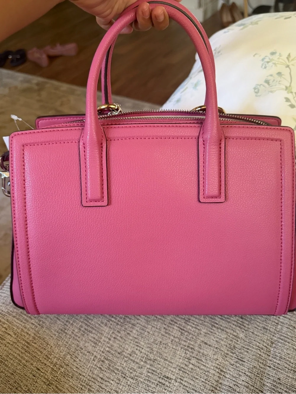 Michael Kors Hot Pink Leather Laila Satchel with Gold & Silver Chain Detail